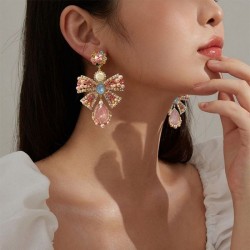 Wholesale Luxury Pink Rhinestone Bowknot Drop Earrings